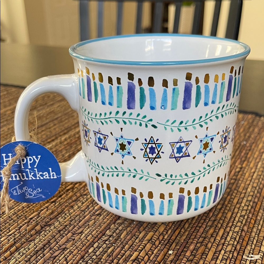 New Two if by Sea Hanukkah Mug 20 Oz Candles and Stars White Blue and Gold